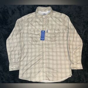 NEW Aftco Mens LS Button Down Shirt Large Gray Cream? Plaid Fishing Vented NWT
